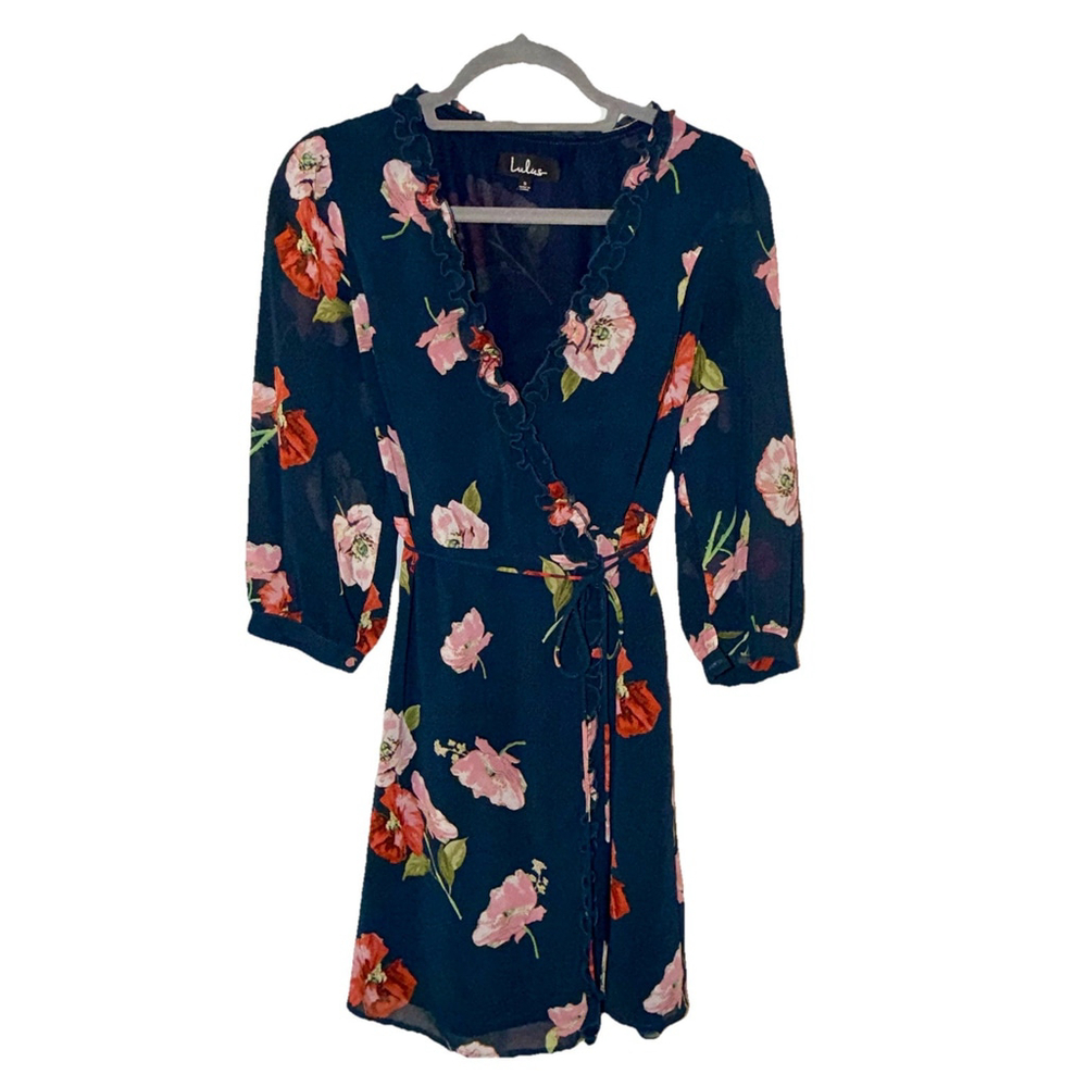 Lulus Navy Floral Wrap Dress Ruffle Trim Long Sleeve Sheer Pink Flirty Sz S READ